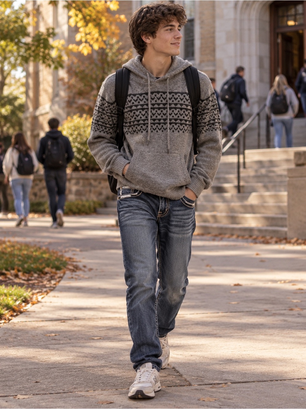 Hollister Gray Knit Hooded Sweater with Black Fair Isle Stripe